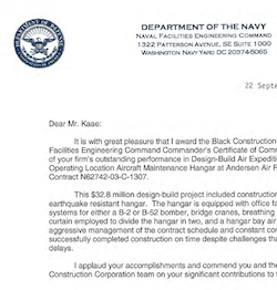 BCC Awarded the Naval Facilities Engineering Command Commander’s Certificate of Commendation